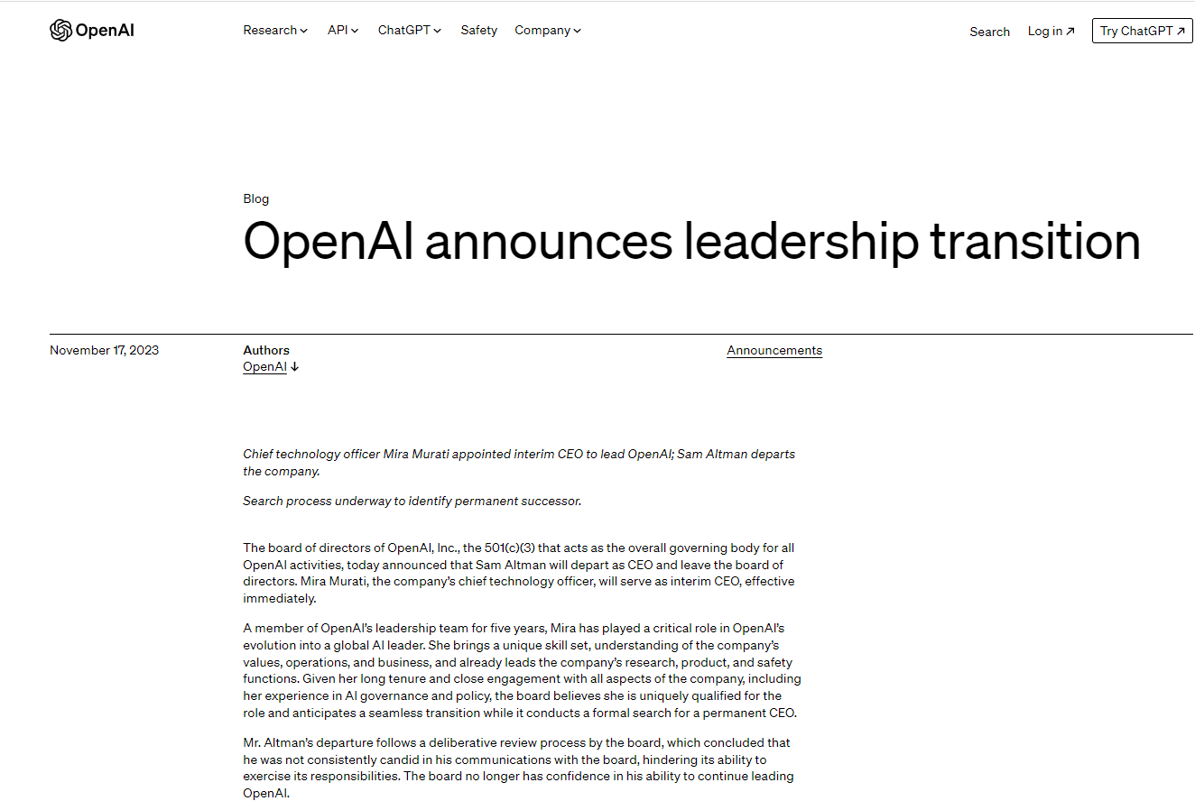 ChatGPT之父”奥特曼发声：OpenAI罢免事件背后